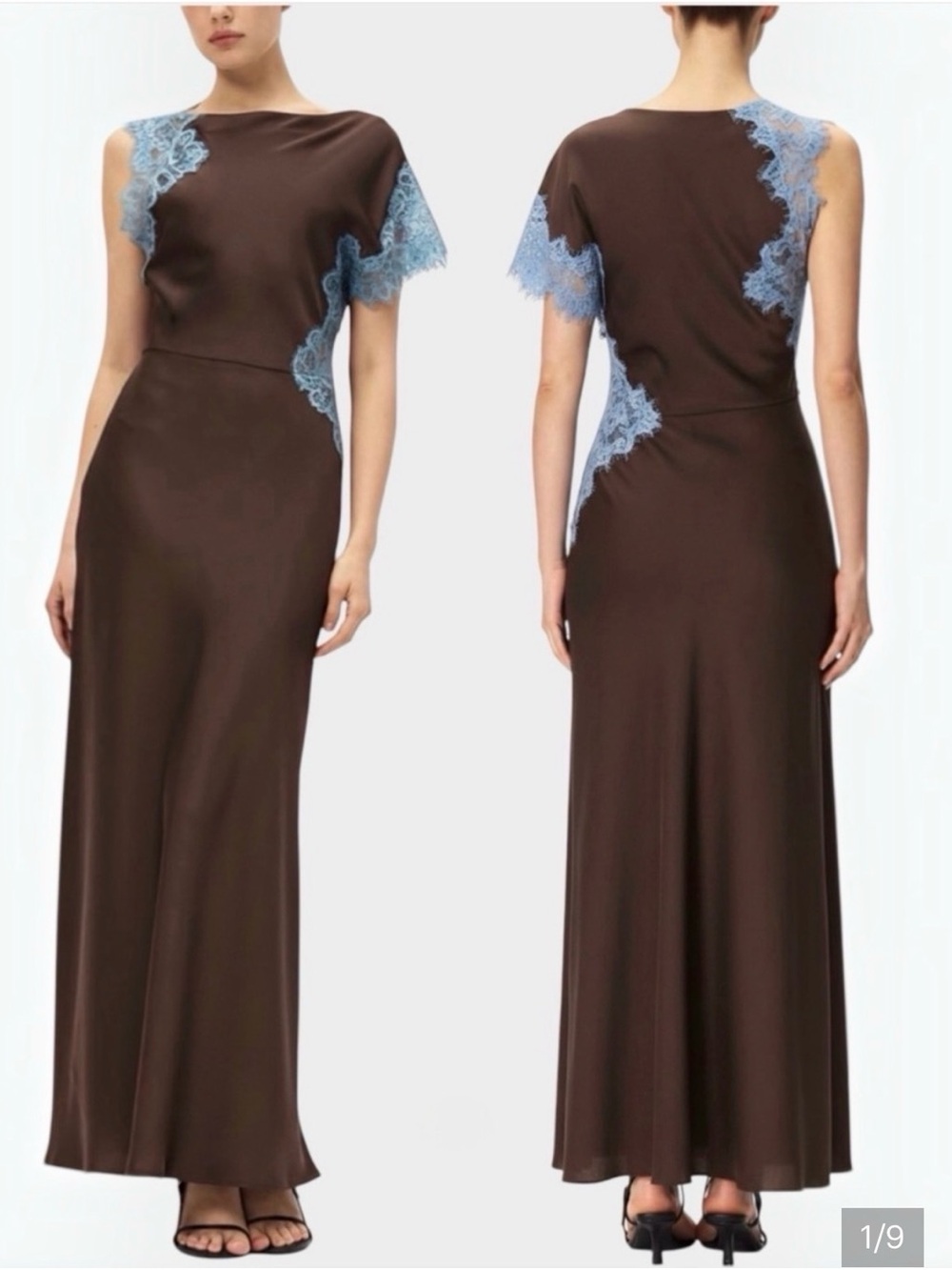 Elodie Asymmetrical Brown Satin Style Maxi Dress with Blue Lace Trim